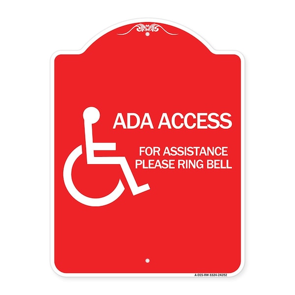 ADA Access for Assistance Ring Bell W/ New Isa, Red & White Aluminum Sign, 18" H, RW-1824-24352